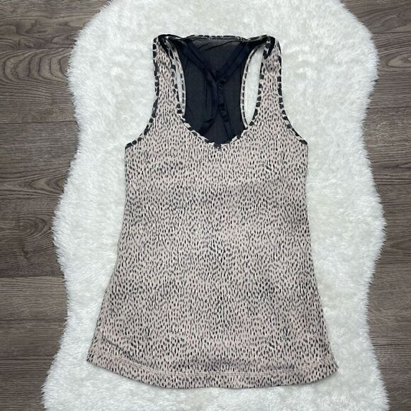 Lululemon Dance to Yoga Tank Top Size 4 Tan Beige Black Mesh Athletic - Picture 3 of 11